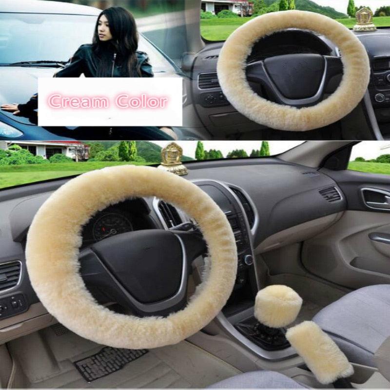 Universal Cute and Stylish Fluffy Fur Steering Wheel Cover Steering-wheel Plush Car Steering Wheel Warm Soft Fur Fuzzy Steering Wheel Covers Winter Faux fur Hand Brake & Gear Cover Set Car Interior Accessories Fuzzy Steering Wheel Cover for Women Stevvex