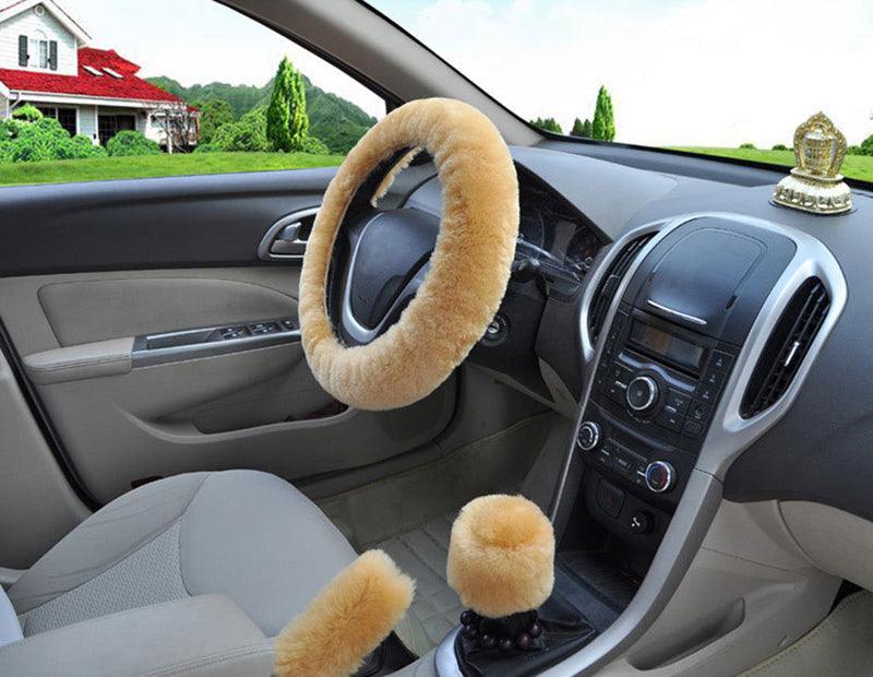 Universal Cute and Stylish Fluffy Fur Steering Wheel Cover Steering-wheel Plush Car Steering Wheel Warm Soft Fur Fuzzy Steering Wheel Covers Winter Faux fur Hand Brake & Gear Cover Set Car Interior Accessories Fuzzy Steering Wheel Cover for Women Stevvex