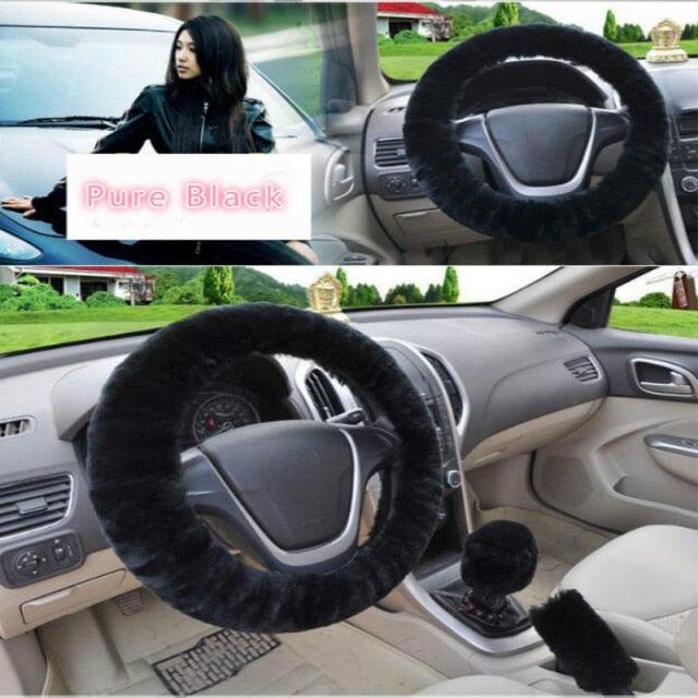 Universal Cute and Stylish Fluffy Fur Steering Wheel Cover Steering-wheel Plush Car Steering Wheel Warm Soft Fur Fuzzy Steering Wheel Covers Winter Faux fur Hand Brake & Gear Cover Set Car Interior Accessories Fuzzy Steering Wheel Cover for Women Stevvex