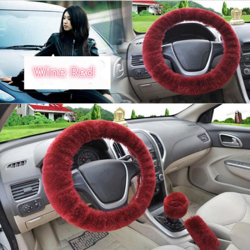 Universal Cute and Stylish Fluffy Fur Steering Wheel Cover Steering-wheel Plush Car Steering Wheel Warm Soft Fur Fuzzy Steering Wheel Covers Winter Faux fur Hand Brake & Gear Cover Set Car Interior Accessories Fuzzy Steering Wheel Cover for Women Stevvex
