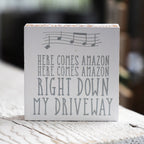 Here Comes Amazon Sign Wooden Block Porch Decor Funny Delivery Gift Home Accent Sign BandsCo Straps