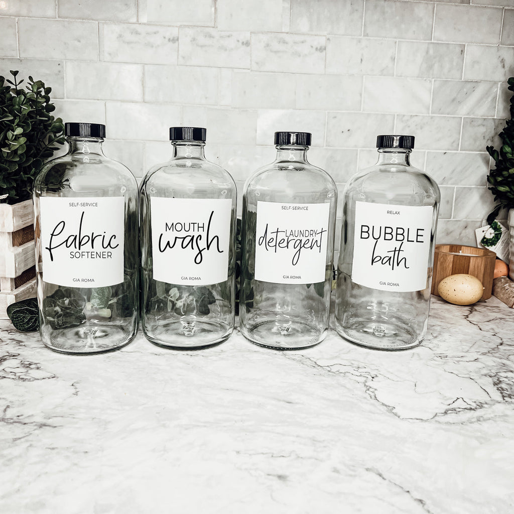 32oz Clear Glass Reusable Dispenser Bottle Black Twist Top BandsCo Straps