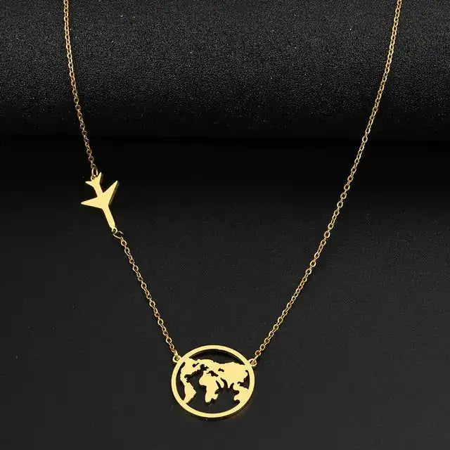 Stainless Steel Necklaces Airplane Globe Map Traveler Pendants Fashion