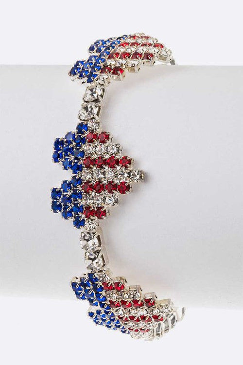 USA Flag Rhinestone Heart Cuff Bracelet Patriotic Sparkle