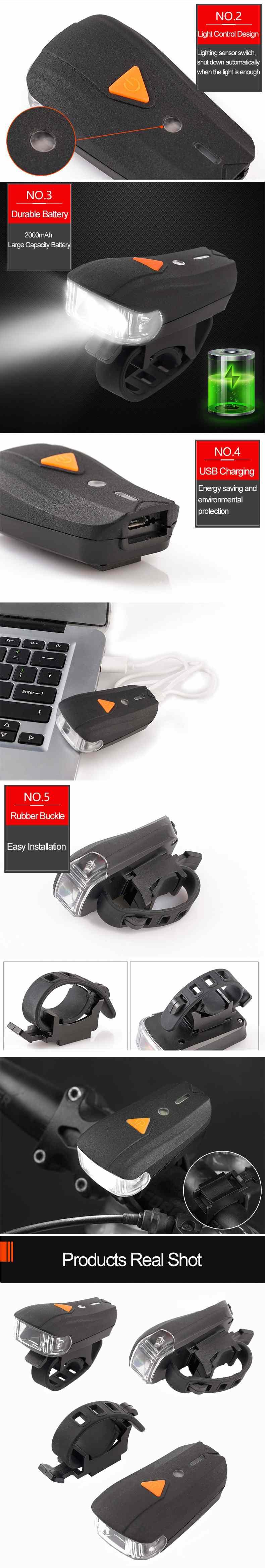 USB Rechargeable Headlight USB Flashlight Bike Bicycle 2LEDs 5modes Smart Sensor Super Bright Bike Light Front And Back Night Riding Spot lamp Electric Car Front Torch For Adults Kids Men Women Stevvex