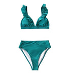 V-neck Ruffled High-waist Bikini Sets Swimsuit Womens Ruffle Flounce Triangle Bathing Suits Cute Two Piece Swimsuits Women Solid Brown Two Pieces Swimwear New Beach Bathing Suits Stevvex
