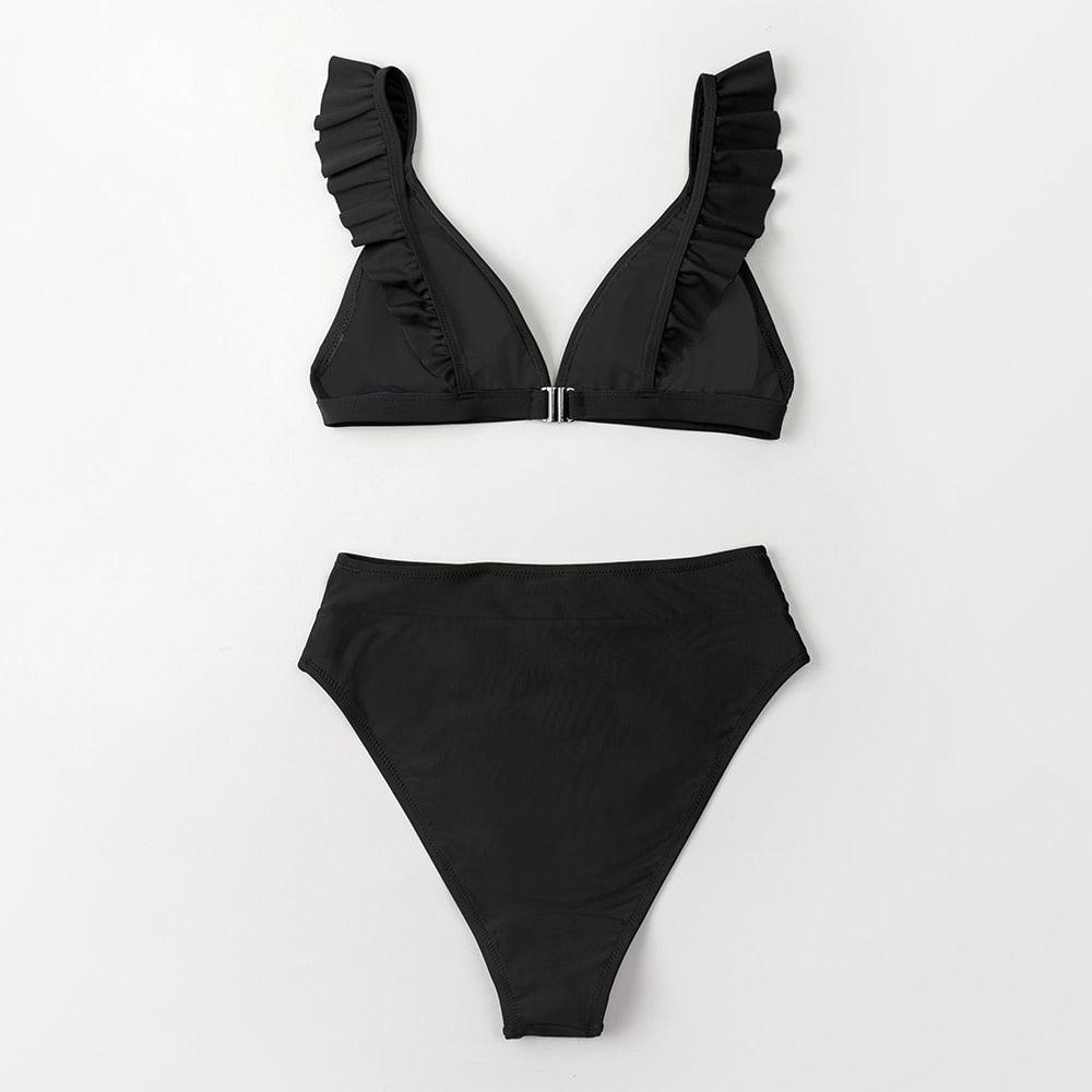 V-neck Ruffled High-waist Bikini Sets Swimsuit Womens Ruffle Flounce Triangle Bathing Suits Cute Two Piece Swimsuits Women Solid Brown Two Pieces Swimwear New Beach Bathing Suits Stevvex