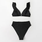 V-neck Ruffled High-waist Bikini Sets Swimsuit Womens Ruffle Flounce Triangle Bathing Suits Cute Two Piece Swimsuits Women Solid Brown Two Pieces Swimwear New Beach Bathing Suits Stevvex