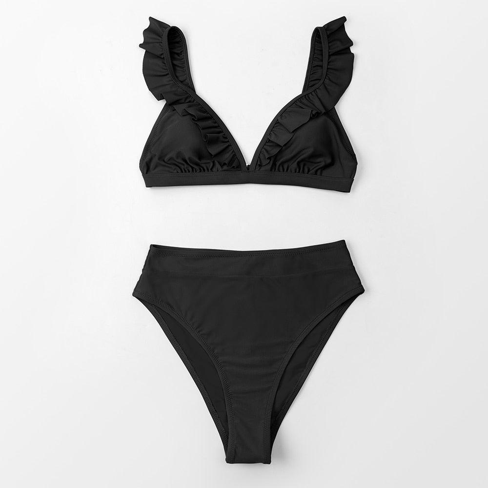V-neck Ruffled High-waist Bikini Sets Swimsuit Womens Ruffle Flounce Triangle Bathing Suits Cute Two Piece Swimsuits Women Solid Brown Two Pieces Swimwear New Beach Bathing Suits Stevvex