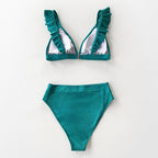 V-neck Ruffled High-waist Bikini Sets Swimsuit Womens Ruffle Flounce Triangle Bathing Suits Cute Two Piece Swimsuits Women Solid Brown Two Pieces Swimwear New Beach Bathing Suits Stevvex