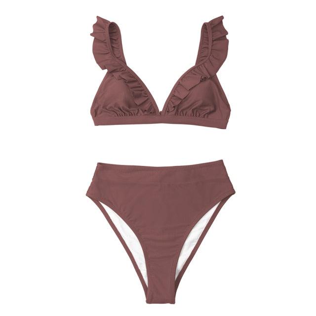 V-neck Ruffled High-waist Bikini Sets Swimsuit Womens Ruffle Flounce Triangle Bathing Suits Cute Two Piece Swimsuits Women Solid Brown Two Pieces Swimwear New Beach Bathing Suits Stevvex