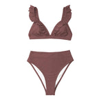 V-neck Ruffled High-waist Bikini Sets Swimsuit Womens Ruffle Flounce Triangle Bathing Suits Cute Two Piece Swimsuits Women Solid Brown Two Pieces Swimwear New Beach Bathing Suits Stevvex