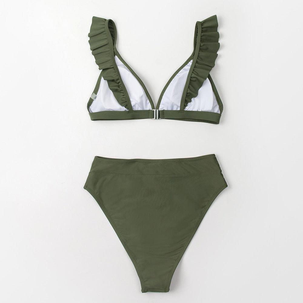 V-neck Ruffled High-waist Bikini Sets Swimsuit Womens Ruffle Flounce Triangle Bathing Suits Cute Two Piece Swimsuits Women Solid Brown Two Pieces Swimwear New Beach Bathing Suits Stevvex