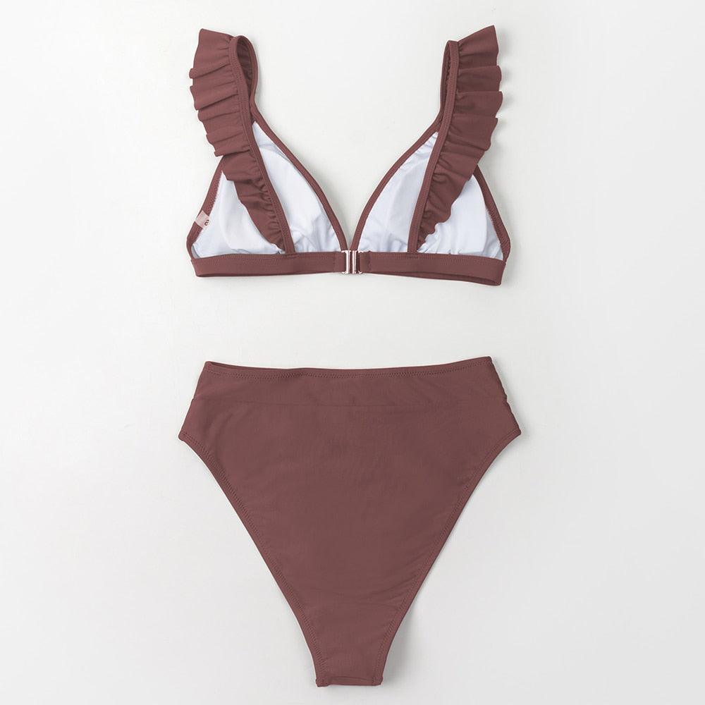 V-neck Ruffled High-waist Bikini Sets Swimsuit Womens Ruffle Flounce Triangle Bathing Suits Cute Two Piece Swimsuits Women Solid Brown Two Pieces Swimwear New Beach Bathing Suits Stevvex