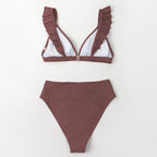 V-neck Ruffled High-waist Bikini Sets Swimsuit Womens Ruffle Flounce Triangle Bathing Suits Cute Two Piece Swimsuits Women Solid Brown Two Pieces Swimwear New Beach Bathing Suits Stevvex