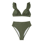 V-neck Ruffled High-waist Bikini Sets Swimsuit Womens Ruffle Flounce Triangle Bathing Suits Cute Two Piece Swimsuits Women Solid Brown Two Pieces Swimwear New Beach Bathing Suits Stevvex