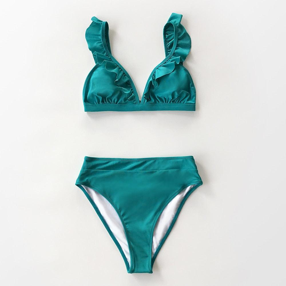 V-neck Ruffled High-waist Bikini Sets Swimsuit Womens Ruffle Flounce Triangle Bathing Suits Cute Two Piece Swimsuits Women Solid Brown Two Pieces Swimwear New Beach Bathing Suits Stevvex
