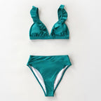 V-neck Ruffled High-waist Bikini Sets Swimsuit Womens Ruffle Flounce Triangle Bathing Suits Cute Two Piece Swimsuits Women Solid Brown Two Pieces Swimwear New Beach Bathing Suits Stevvex