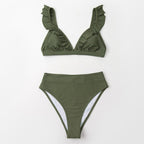 V-neck Ruffled High-waist Bikini Sets Swimsuit Womens Ruffle Flounce Triangle Bathing Suits Cute Two Piece Swimsuits Women Solid Brown Two Pieces Swimwear New Beach Bathing Suits Stevvex