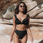 V-neck Ruffled High-waist Bikini Sets Swimsuit Womens Ruffle Flounce Triangle Bathing Suits Cute Two Piece Swimsuits Women Solid Brown Two Pieces Swimwear New Beach Bathing Suits Stevvex