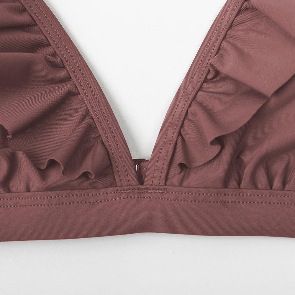 V-neck Ruffled High-waist Bikini Sets Swimsuit Womens Ruffle Flounce Triangle Bathing Suits Cute Two Piece Swimsuits Women Solid Brown Two Pieces Swimwear New Beach Bathing Suits Stevvex
