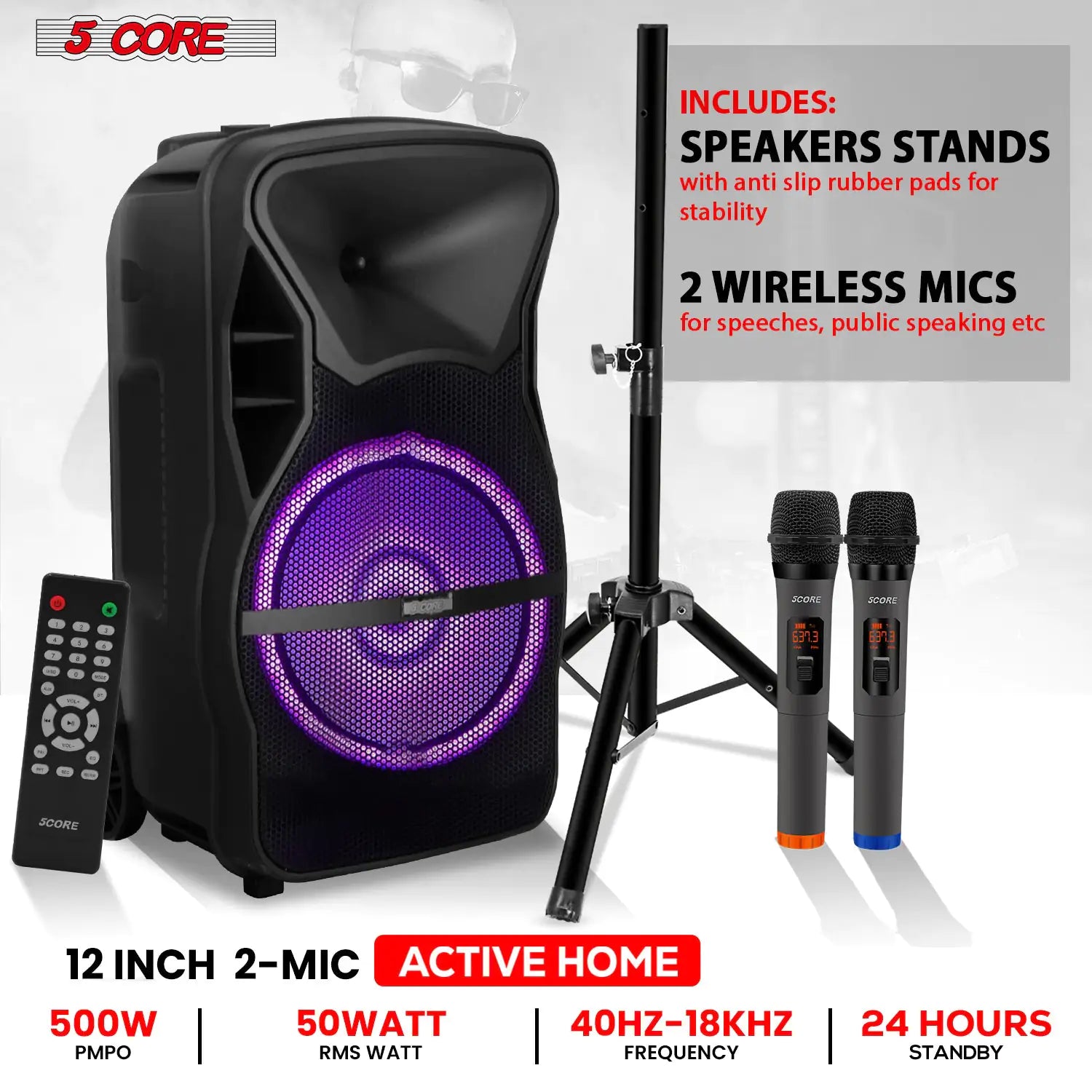 5Core 12 inch PA Portable Bluetooth Party Speaker Karaoke Boombox + 2 Wireless Mics Pi-Mart
