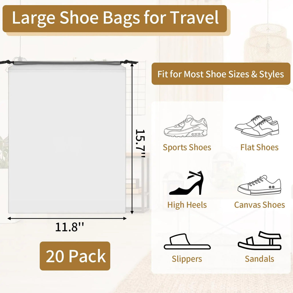20 Pack Shoe Bags for Travel, 15.7" x 11.8" Clear Travel Shoe Bags for Packing, Large Waterproof Portable Drawstring Travel Shoe Storage Bag Travel Essentials Women for and Men Pi-Mart