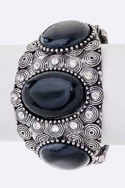 Vintage Bejeweled Stone Bangle Boho Silver Filigree Cuff