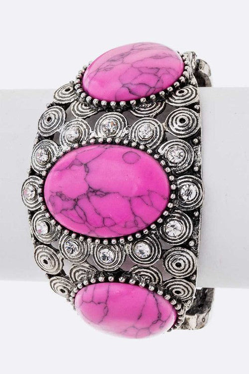 Vintage Bejeweled Stone Bangle Boho Silver Filigree Cuff
