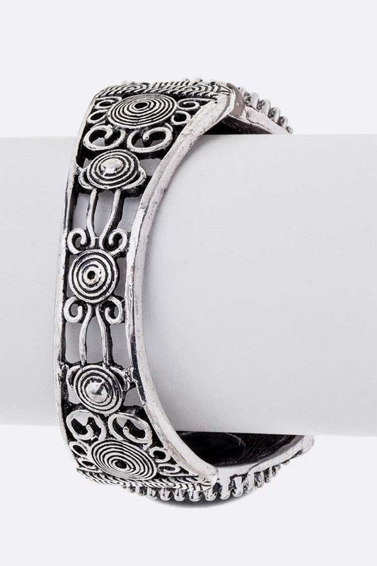 Vintage Bejeweled Stone Bangle Boho Silver Filigree Cuff