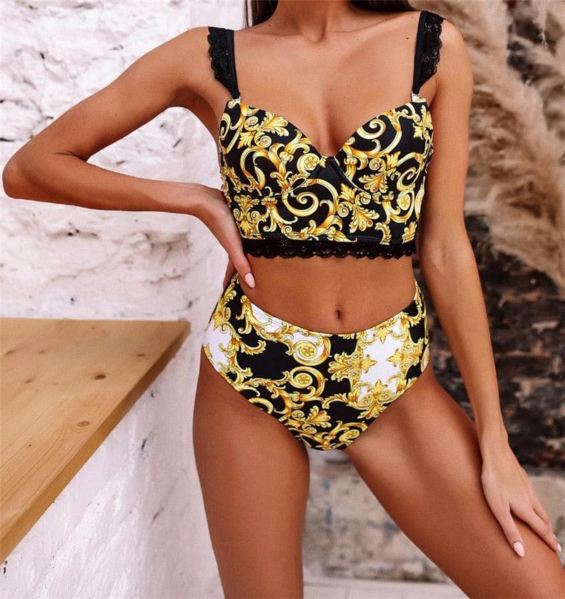 Vintage Black Print Women's Bikini Set Women's Halter Beautiful Print High Waist Swimsuit Bathing Suits Bikini Set Lace Strappy Padded Bra High Waist Bottoms Swimsuit Fashion Female Beachwear Luxury Swimwear Stevvex