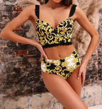 Vintage Black Print Women's Bikini Set Women's Halter Beautiful Print High Waist Swimsuit Bathing Suits Bikini Set Lace Strappy Padded Bra High Waist Bottoms Swimsuit Fashion Female Beachwear Luxury Swimwear Stevvex