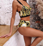 Vintage Black Print Women's Bikini Set Women's Halter Beautiful Print High Waist Swimsuit Bathing Suits Bikini Set Lace Strappy Padded Bra High Waist Bottoms Swimsuit Fashion Female Beachwear Luxury Swimwear Stevvex