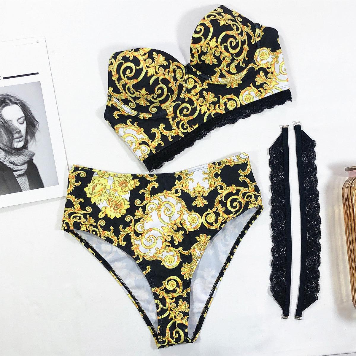 Vintage Black Print Women's Bikini Set Women's Halter Beautiful Print High Waist Swimsuit Bathing Suits Bikini Set Lace Strappy Padded Bra High Waist Bottoms Swimsuit Fashion Female Beachwear Luxury Swimwear Stevvex