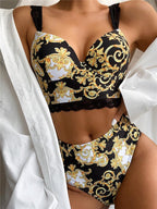 Vintage Black Print Women's Bikini Set Women's Halter Beautiful Print High Waist Swimsuit Bathing Suits Bikini Set Lace Strappy Padded Bra High Waist Bottoms Swimsuit Fashion Female Beachwear Luxury Swimwear Stevvex