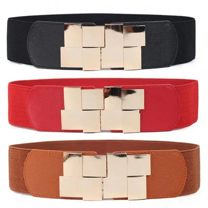 Vintage Black Square Elastic Buckle Belts Elegant Design High Quality Party Dress Waist Belt Cute Women Gift Stevvex