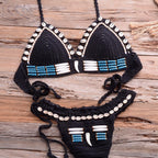 Vintage Blue Bikinis 2 Piece Halter Bikini Set Women High Waist Sequin Swimsuit  Set Handmade Crochet High Quality Swimsuit Women Push Up Swimwear Knitted Beach Wear Bathing Suit