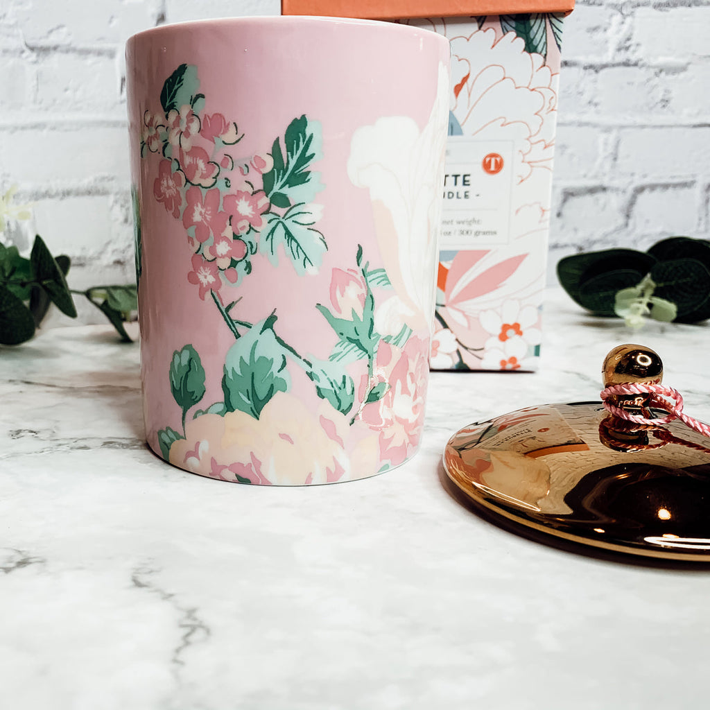 Vintage Floral Scented Soy Candle 10.6oz Porcelain Jar Gold Lid Gift Box BandsCo Straps