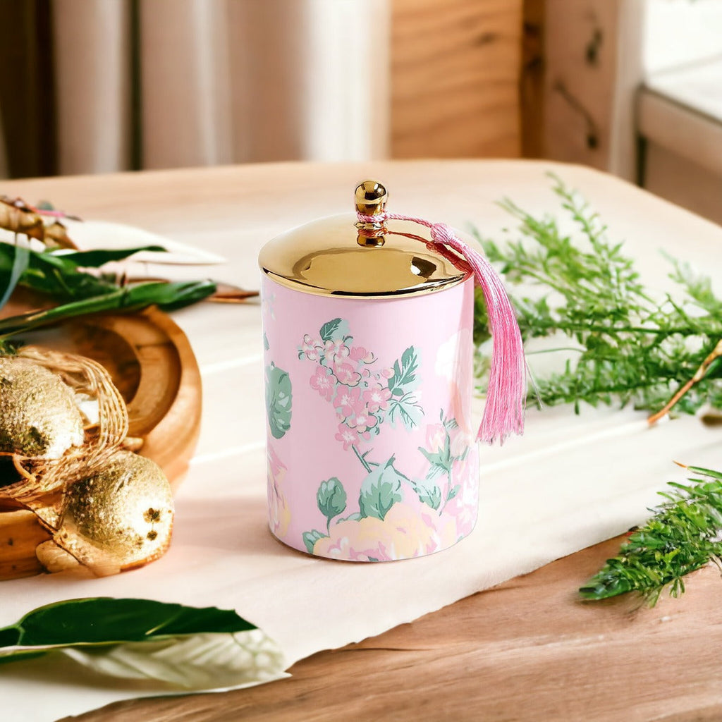 Vintage Floral Scented Soy Candle 10.6oz Porcelain Jar Gold Lid Gift Box BandsCo Straps