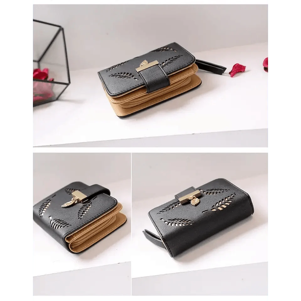 Vintage PU Leather Short Wallets Leaf Design Fashion Purse For Women Elegant Ladies Cute Zipper Purses Card Holders Women Wallet Stevvex