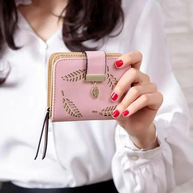 Vintage PU Leather Short Wallets Leaf Design Fashion Purse For Women Elegant Ladies Cute Zipper Purses Card Holders Women Wallet Stevvex