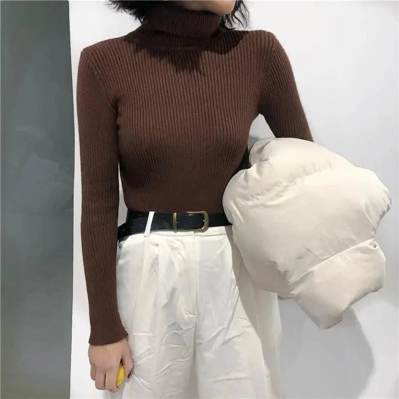 Vintage Style Autumn Winter Thick Sweater For Women Knitted Ribbed Pullover Sweater Long Sleeve Turtleneck Slim Jumper Soft Warm Pullover Stevvex