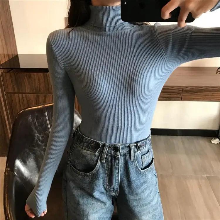 Vintage Style Autumn Winter Thick Sweater For Women Knitted Ribbed Pullover Sweater Long Sleeve Turtleneck Slim Jumper Soft Warm Pullover Stevvex