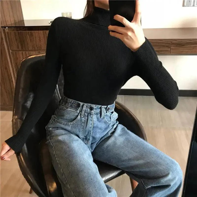 Vintage Style Autumn Winter Thick Sweater For Women Knitted Ribbed Pullover Sweater Long Sleeve Turtleneck Slim Jumper Soft Warm Pullover Stevvex