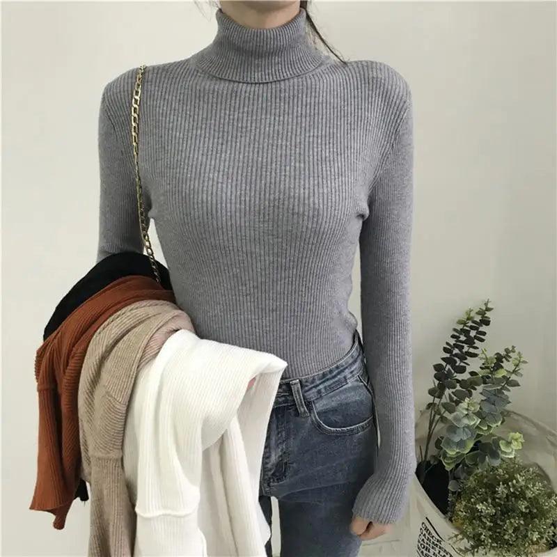 Vintage Style Autumn Winter Thick Sweater For Women Knitted Ribbed Pullover Sweater Long Sleeve Turtleneck Slim Jumper Soft Warm Pullover Stevvex
