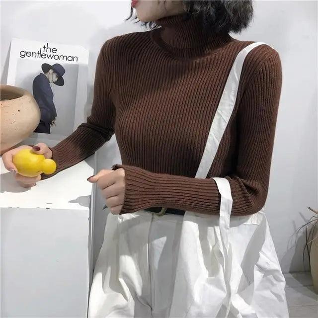 Vintage Style Autumn Winter Thick Sweater For Women Knitted Ribbed Pullover Sweater Long Sleeve Turtleneck Slim Jumper Soft Warm Pullover Stevvex