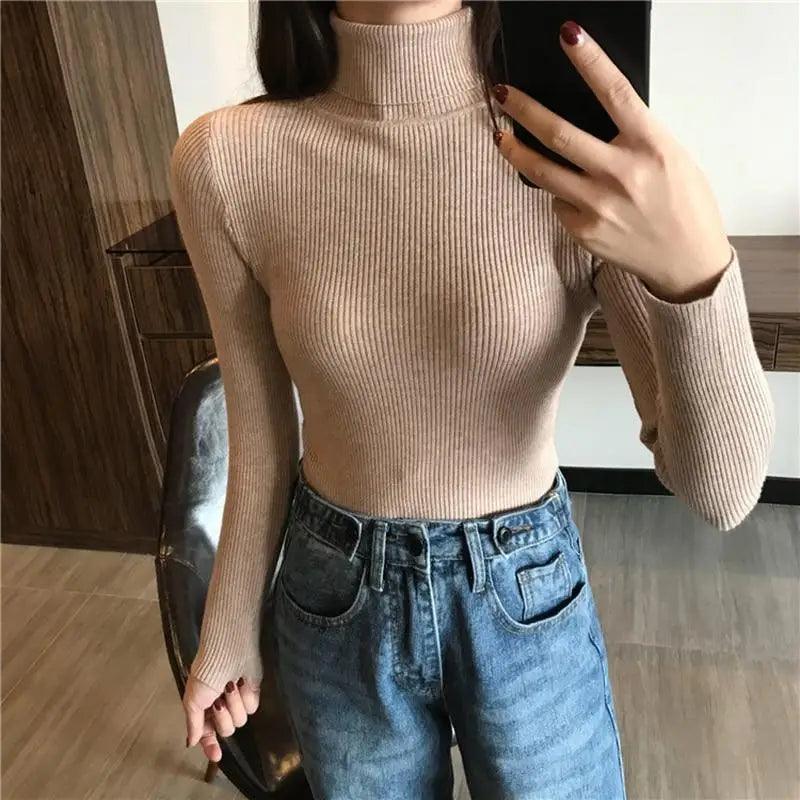 Vintage Style Autumn Winter Thick Sweater For Women Knitted Ribbed Pullover Sweater Long Sleeve Turtleneck Slim Jumper Soft Warm Pullover Stevvex
