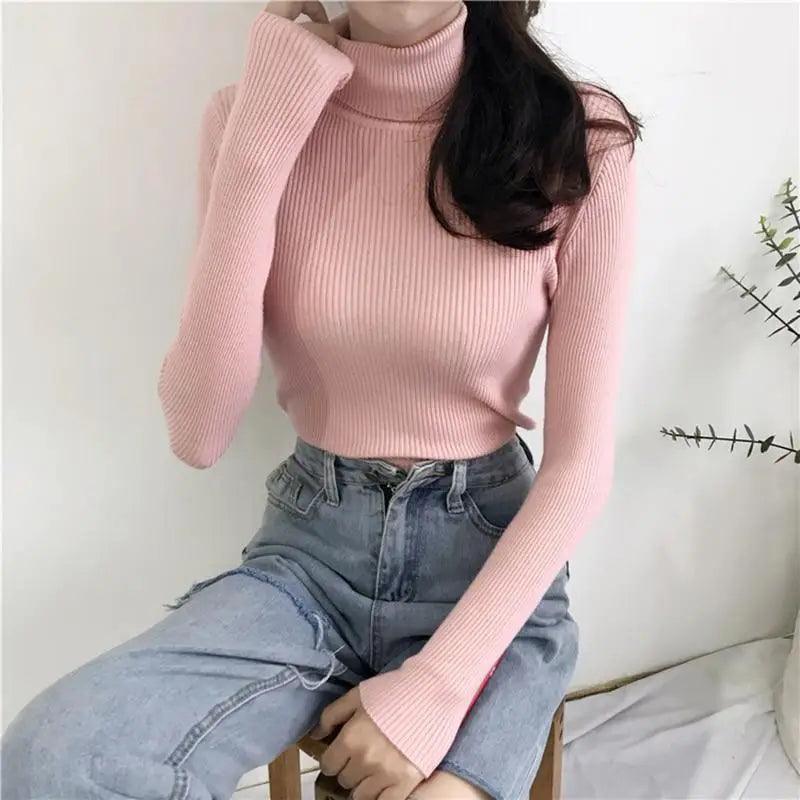 Vintage Style Autumn Winter Thick Sweater For Women Knitted Ribbed Pullover Sweater Long Sleeve Turtleneck Slim Jumper Soft Warm Pullover Stevvex