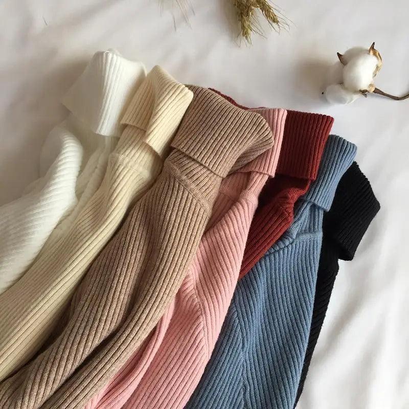 Vintage Style Autumn Winter Thick Sweater For Women Knitted Ribbed Pullover Sweater Long Sleeve Turtleneck Slim Jumper Soft Warm Pullover Stevvex