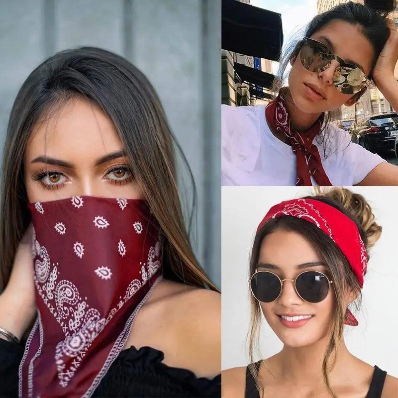 Vintage Style Print Bandana Hair Bands for Girls Women Headband Square Scarf Face Mask Cross Turban Bandanas Headwear Stevvex